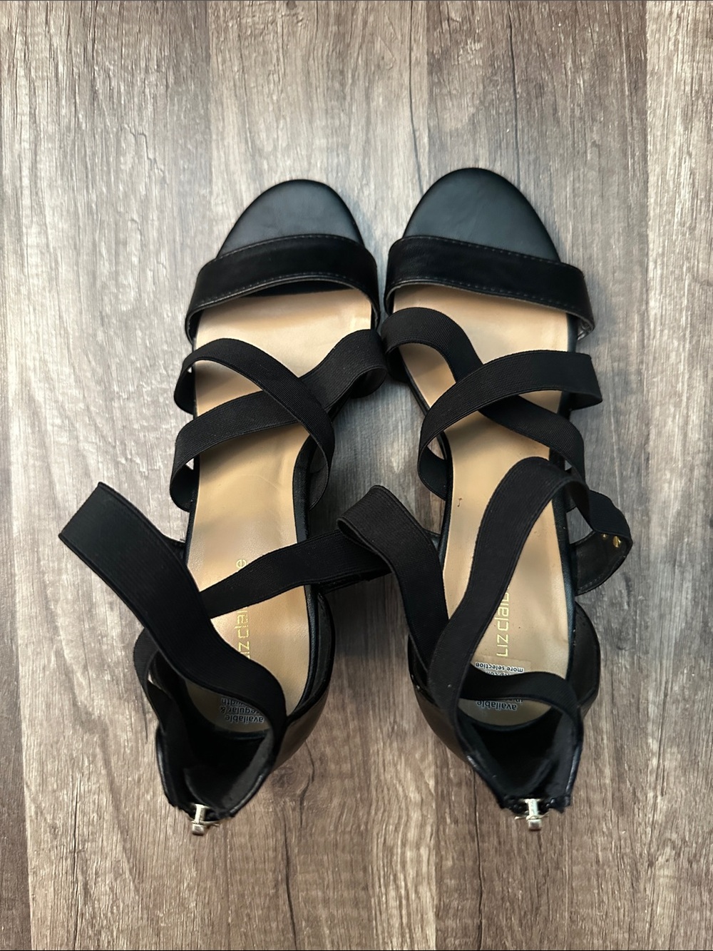 Women’s Liz Claiborne Black Zip Back Wedge Heels with Elastic Straps in size 8.0